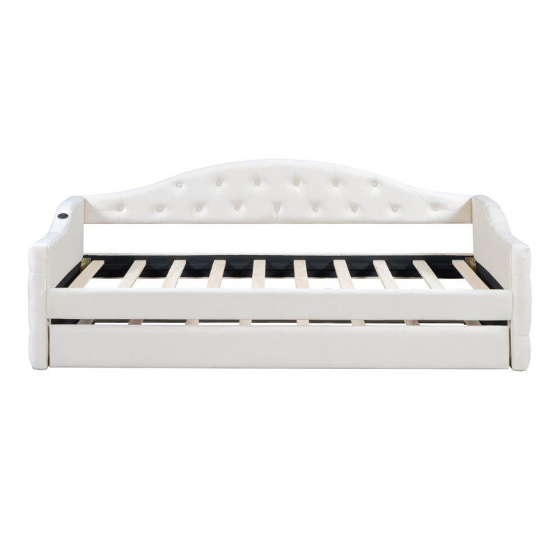  Twin Size Tufted Upholstered Daybed with Trundle, Velvet Sofabed with USB & Type-C Ports, No Box Spring Needed, Grey, Beige