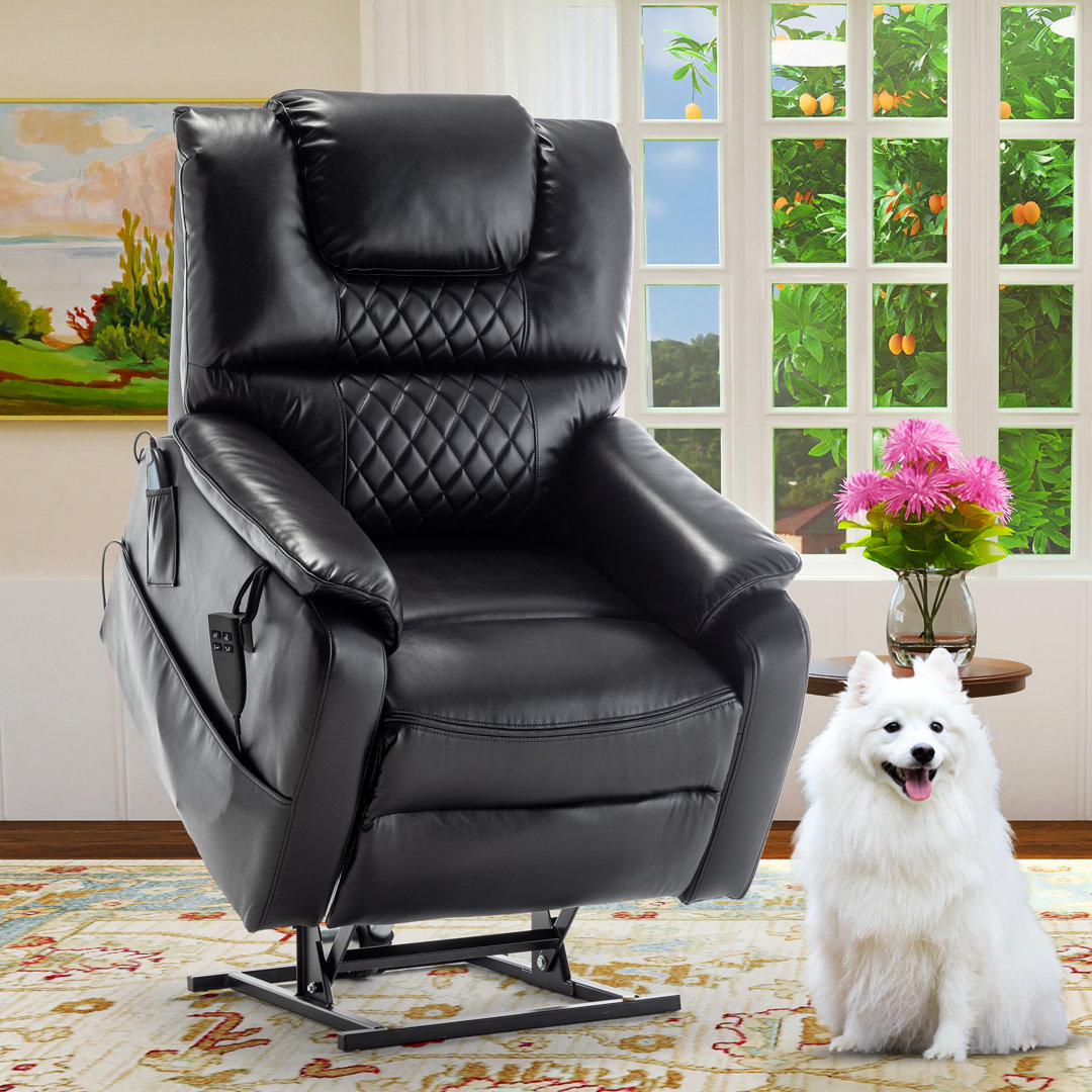 Karelin 35.54"W 180° Flat Lay Faux Leather Lifting Power Recliner, Massage Chair, Heater, Lift Chair Red Barrel Studio® Upholstery 