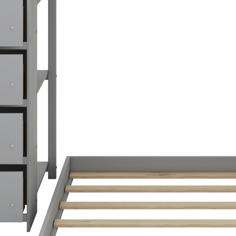 Lit superposé avec tablettes à 3 niveaux, tiroirs et escalier de rangement, Gris