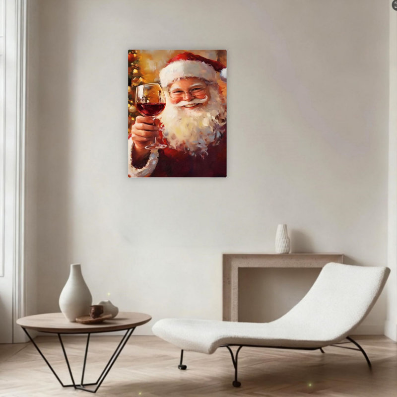 Père Noël tenant un verre à vin sans cadre, art mural 24 po x 36 po