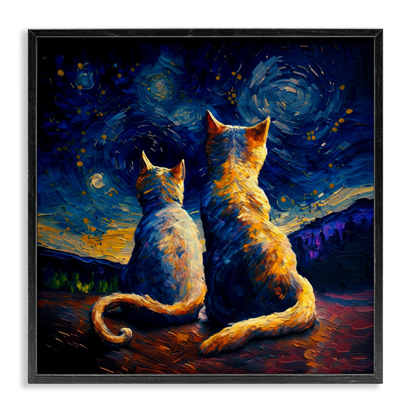 «Swirled Night Sky Cats», estampe numérique par Svetlana Aleynikova, H 17 po x l 17 po, Giclée encadrée noir minuit