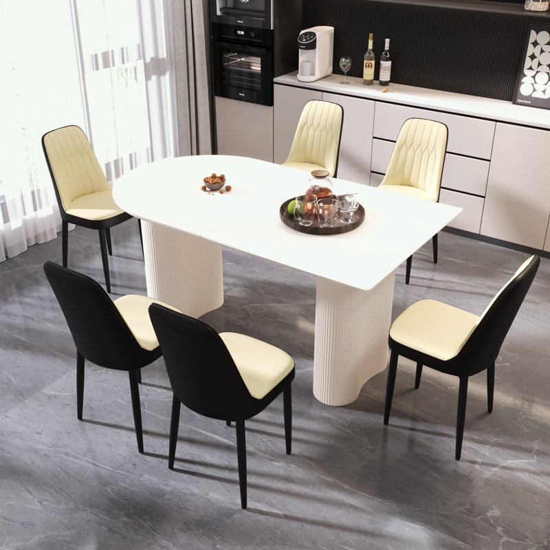 Ensemble de table de salle à manger 7 pièces avec 6 chaises en polyuréthane, Beige/noir