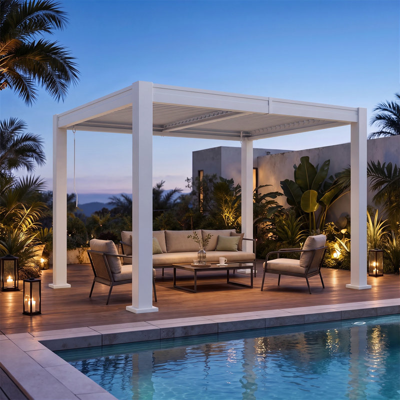 12' x 10' Outdoor Pergola with Adjustable Louvered Roof & Integrated Drainage, Heavy-Duty Metal Louvered Pergola for Patios