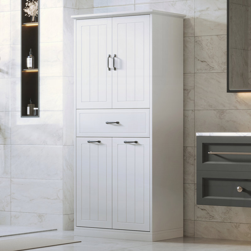 Armoire de rangement pour salle de bain avec deux paniers à linge, armoire de rangement avec portes et tiroir, Blanc