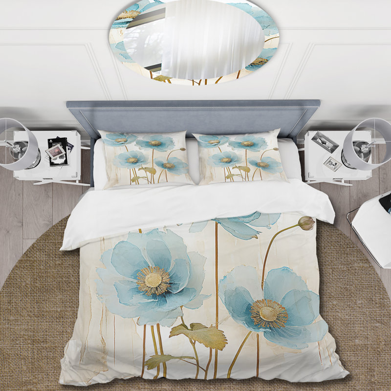 Ensemble de housse de couette bleu et gris Poppy Meadow - Poppies, Housse de couette pour très grand lit et 2 très 