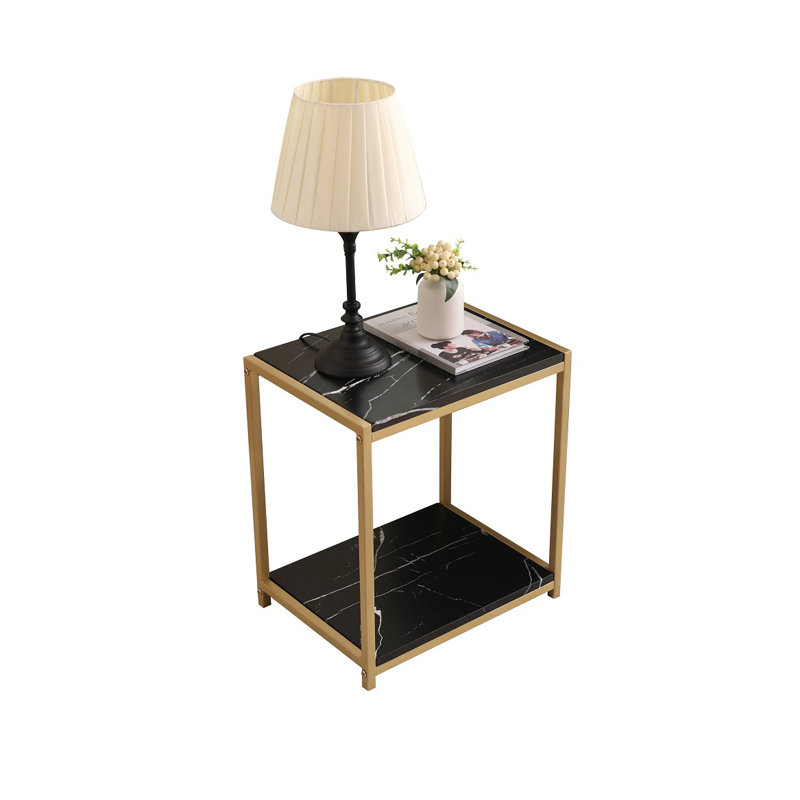 Quason Side End Table with Faux Marble Storage Shelves & Metal Frame, Nightstand for Bedroom, Living Room, or Modern Accent Table