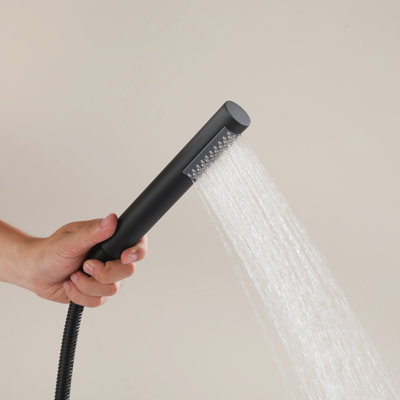 Système de douche extérieure autoportant eau chaude/froide avec pomme de douche effet pluie et douchette, acier inoxydable 304, tablette et crochet intégrés