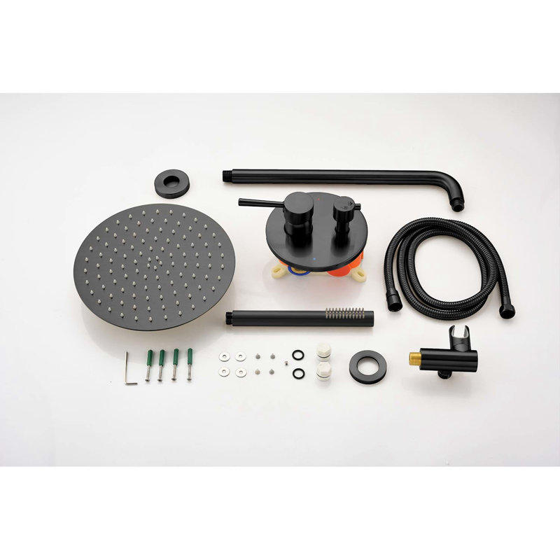 Douche de salle de bain noir mat avec laiton mural et acier inoxydable, Noir mat