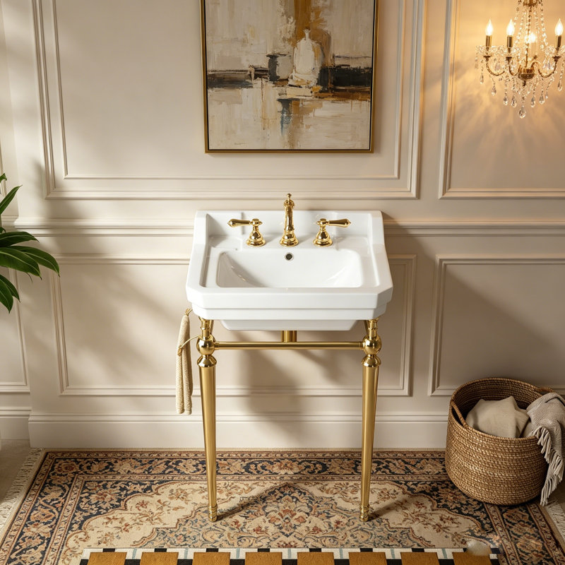 Lavabo de salle de bain console en céramique 23 "avec support en acier inoxydable et barre à serviettes réversible Vici, Doré