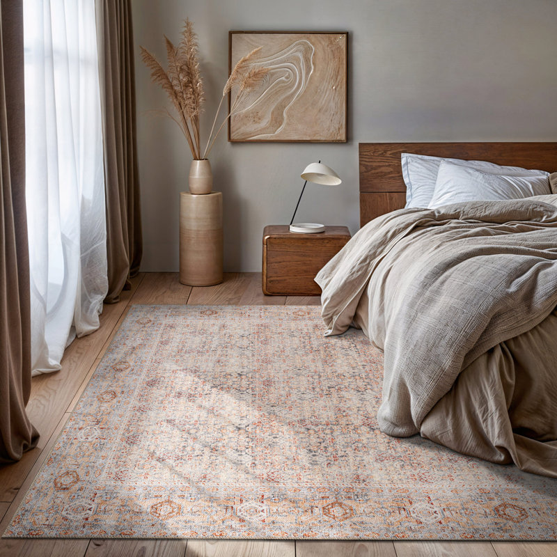 Tapis à motif floral en terre cuite Delano - Tapis à poils courts lavable avec envers antidérapant