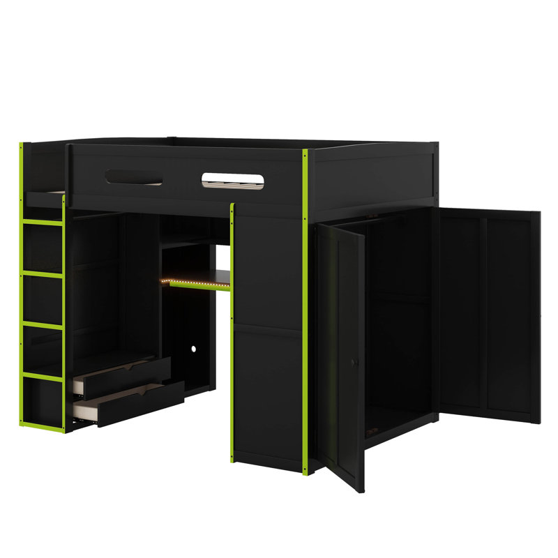 Full Size Wood Loft Bed With Desk,Wardrobe,Ample Storage Space And RGB LED Light, Green/Black