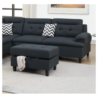 Ensemble de canapé modulaire en L noir avec repose-pieds avec rangement, canapé en tissu d'aspect lin 4 places avec structure en bois de pin massif et accoudoirs coussinés pour le salon