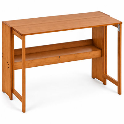 40-Inch Bamboo Folding Desk with Storage Shelf for Small Spaces, Brown
