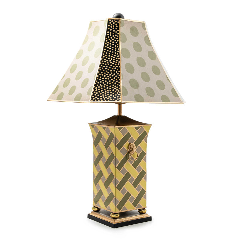 Hand-Painted Green and Beige Lattice Table Lamp with Bell Shade