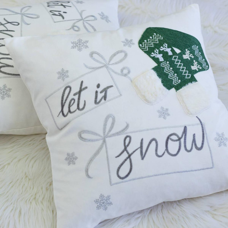 Let It Snow Christmas Throw Pillow – 20X20" Square Cotton Cushion With Green Knit Hat Design And Insert
