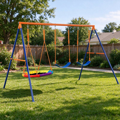 Ensemble de balançoire pour la cour arrière avec support en métal à structure en A, structure de balançoire robuste de 600 lb, 1 balançoire à soucoupe et 2 balançoires à ceinture, balançoire de jeu extérieure à cordes réglables pour les enfan