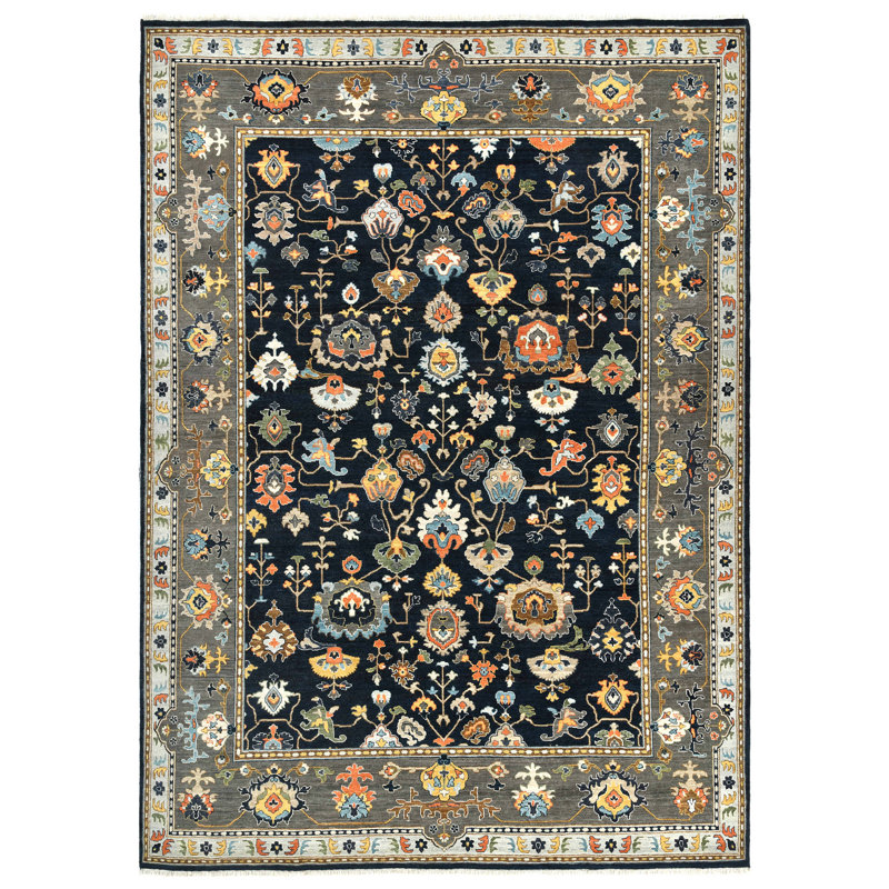 Hand-Knotted Blue and Gray Wool 9' x 12' Area Rug