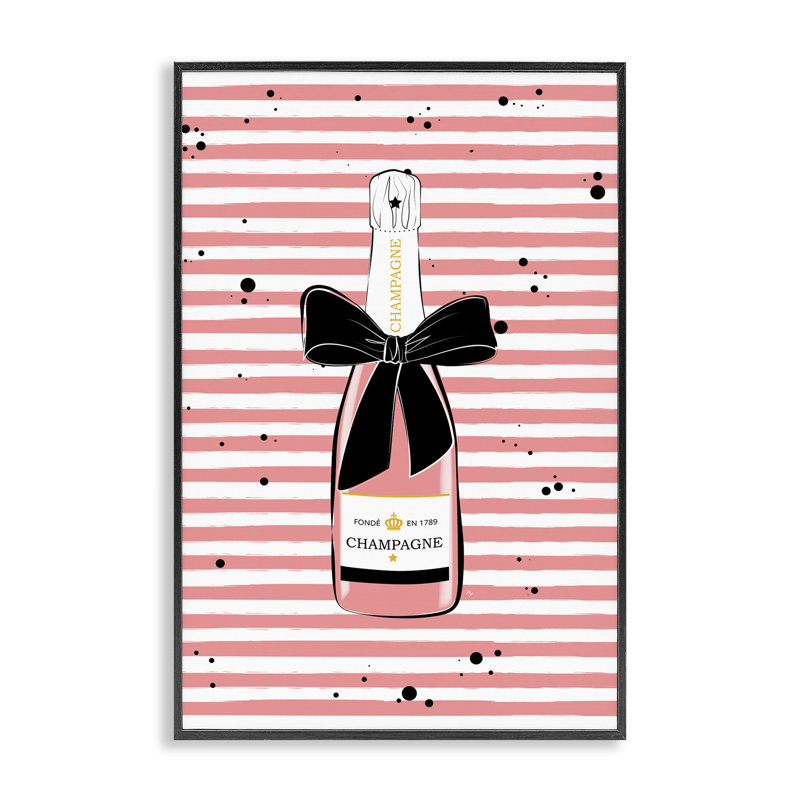Champagne rose sur rayures, estampe numérique par Martina Pavlova, Giclée encadrée noir minuit, H 18 po x l 12 po