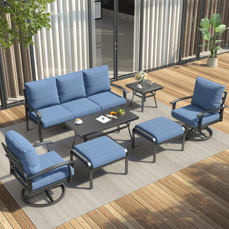7 PCS Outdoor Metal Conversation Set With 360° Swivel Rocking Chairs, Sofa, Coffee Table&Ottoman For Patio, Garden, Deck Or Poolside