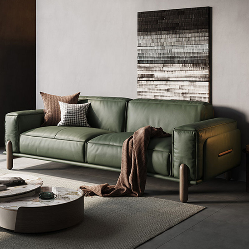 Mid century modern sofa,Genuine Leather sofa with Solid Wood,Loveseat Green couch, 29.53" H x 78.35" W x 37.4" D, Green