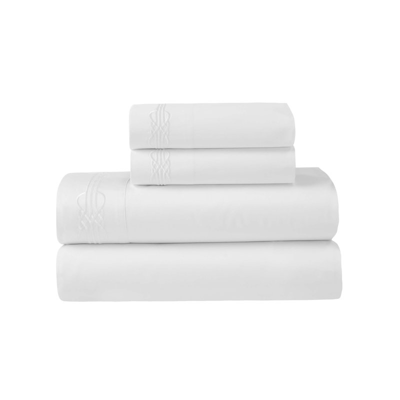 Ensemble de draps en coton brodé Moonlawn, Ensemble de draps 4 pièces pour grand lit, Blanc