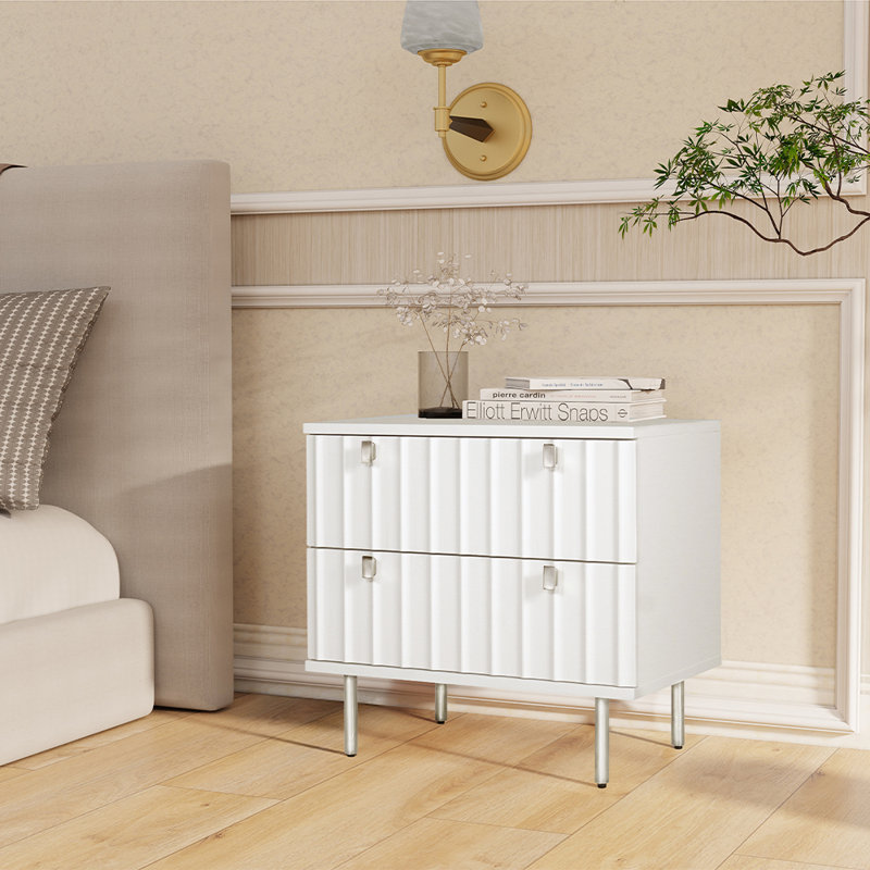 Chrisman Night Stand With 2 Drawers In White & Chrome Finish