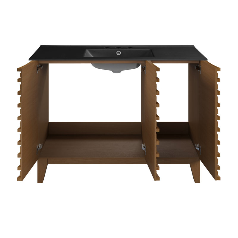 Meuble-lavabo en chêne brun Cascade 48 po avec comptoir en céramique noir à 3 trous, Noir, 8 po, Brown Oak
