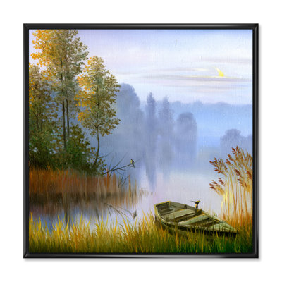 Le bateau sur la berge du lac - Peinture sur toile encadrée