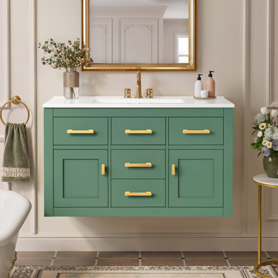 36" Wall Mounted Green Bathroom Vanity with White Ceramic Sink, French Style Floating Cabinet with Soft-Close Drawers