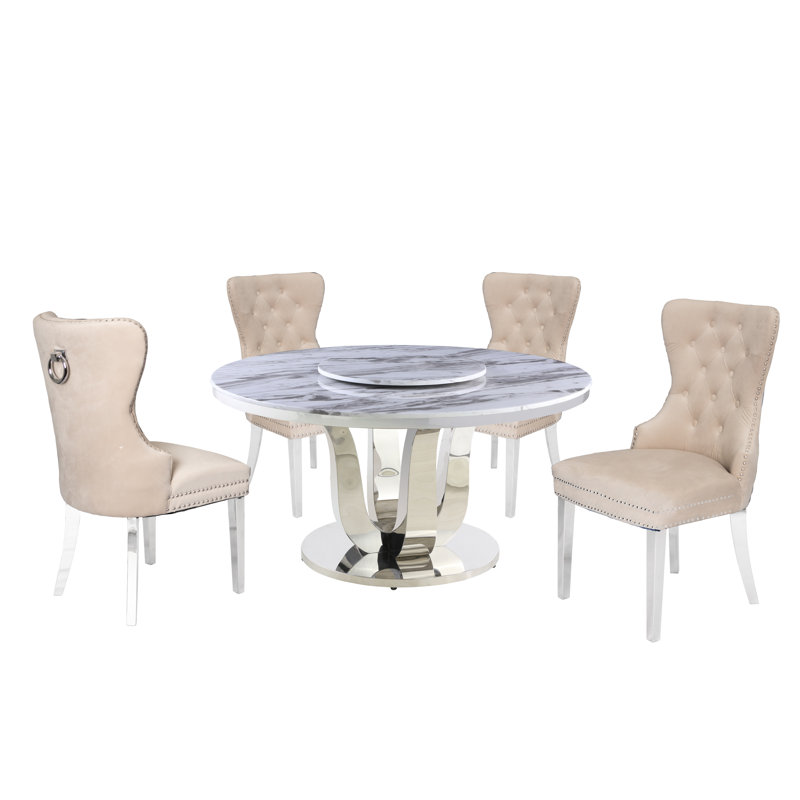 Mcnair 4 - Person Marble Top Pedestal Dining Set, Cream