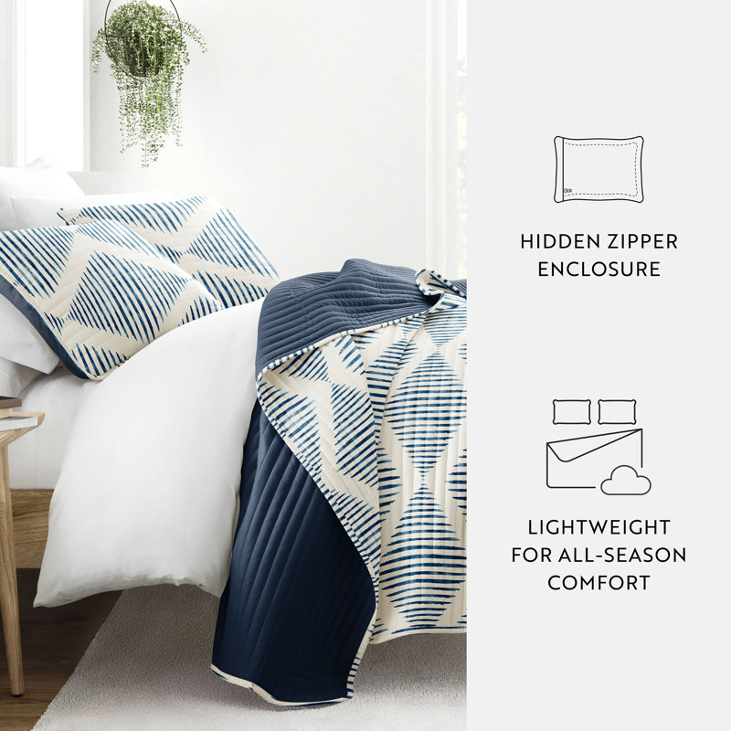 Becky Cameron Microfiber Reversible Quilt Set, Navy/White, King Quilt + 2 King Shams