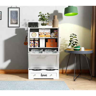 Pet Feeder Station Storage Cabinet, with Dog Raised Bowls, White