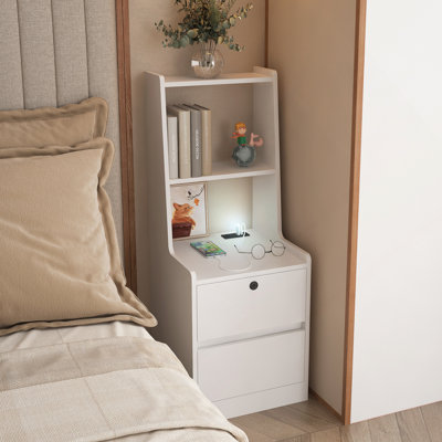 Nightstand With Charging Station, Smart Nightstand With Night Light, Modern Night Stand With Bookshelf, Bedside Tables With Storage Cabinet For Bedroom, White