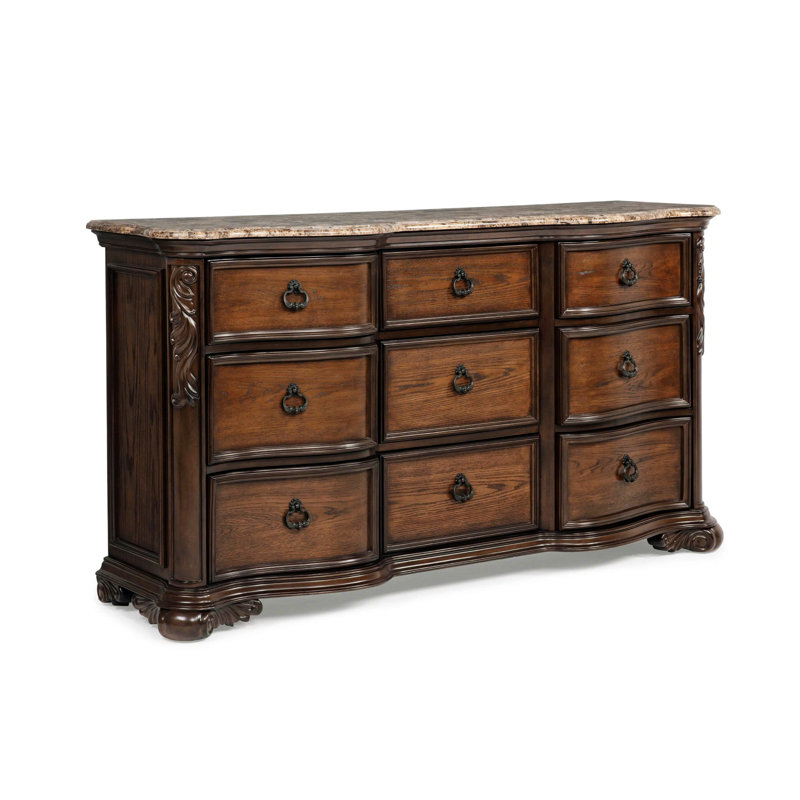 Commode à neuf tiroirs avec dessus en marbre véritable pour chambre à coucher