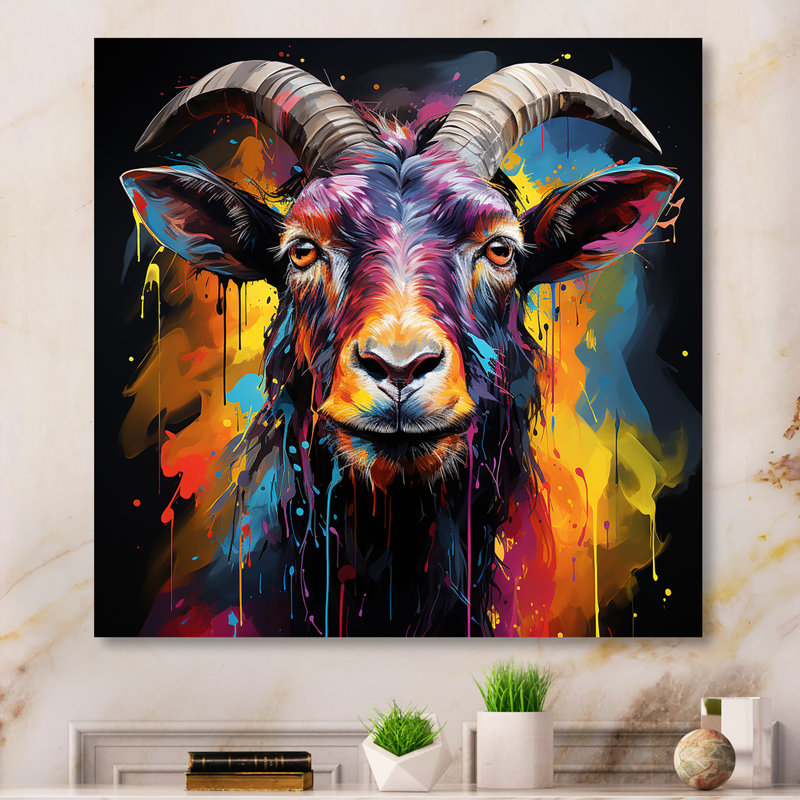 Popart, chèvre regardant fixement - Chèvre, art mural, H 16 po x l 16 po x P 1 po, Toile tendue