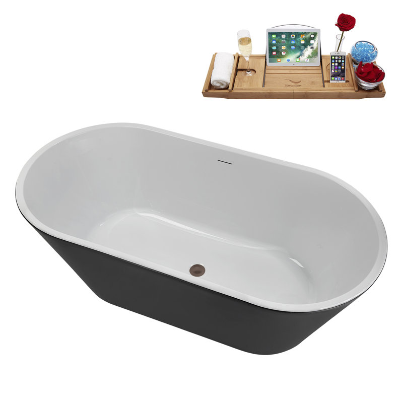59" Streamline Soaking Glossy Black Freestanding Tub and Tray With Internal Drain, Matte Oil Rubbed Bronze