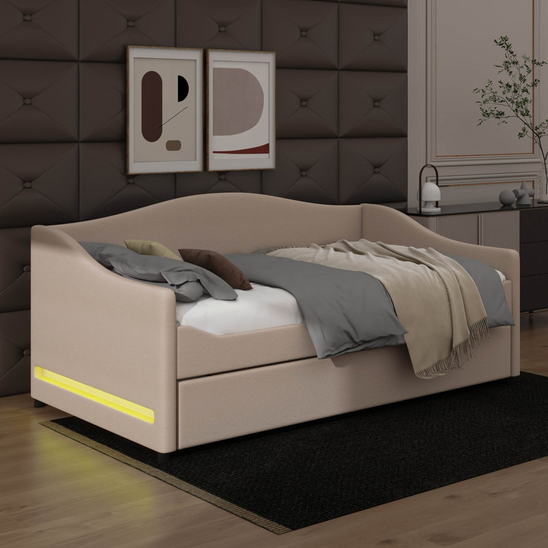 Lit de jour Teddy avec éclairage intégré et tablettes coulissantes, Beige, Lit simple