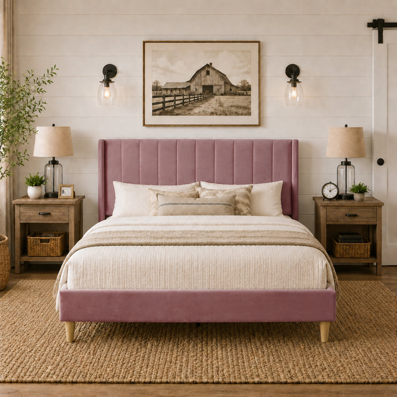 Lit plateforme tapissier avec tête de lit à oreilles Eriksay, Grand, Velours rose