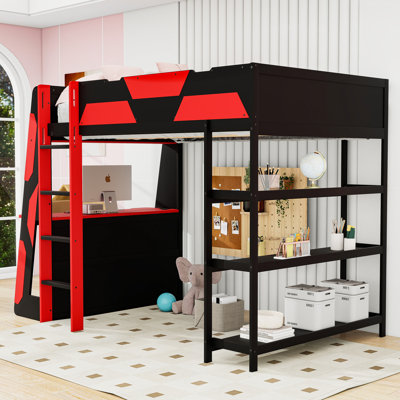 Lit mezzanine double en bois avec bureau, lumière DEL, ports de chargement et tablettes