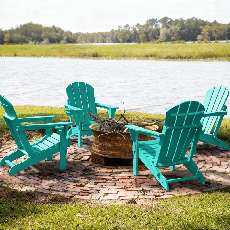HDPE Outdoor Adirondack Foldable Chair Set Weather-Resistant  Fire Pit Chair With Cup Holder 4PCS, Lake Blue