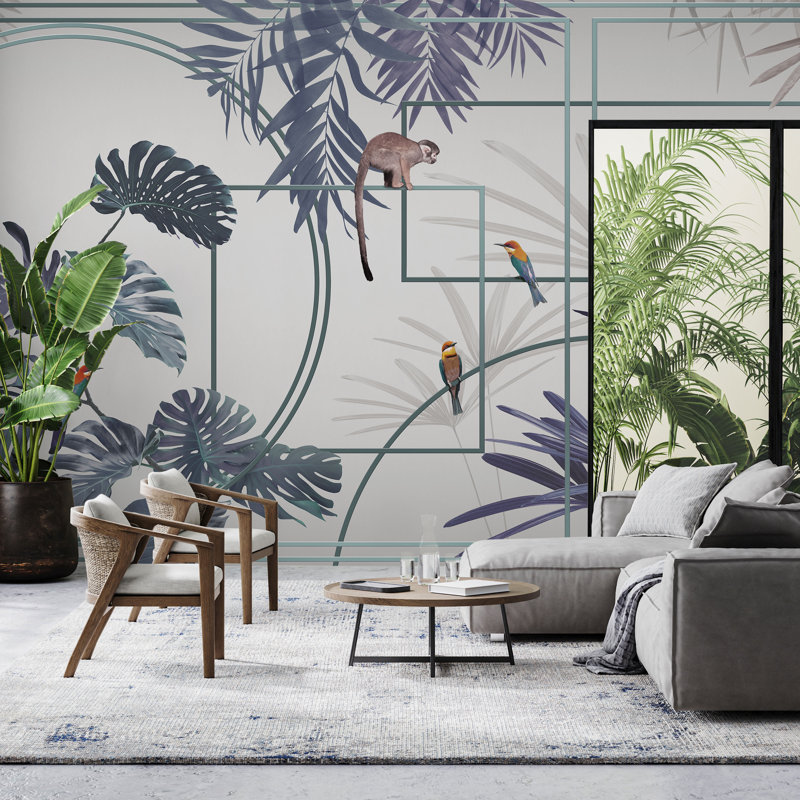 Papier peint moderne avec jungle tropicale moderne avec des singes et des oiseaux exotiques, L 110 po x l 204 po, Bleu