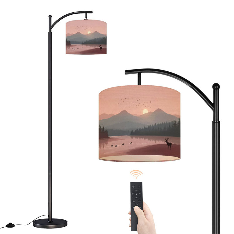 Lampe sur pied à arc avec abat-jour ajustable Serene Sunset Misty Lake Deer Birds Lampadaire à poser 3 températures de couleur à intensité variable avec mât pour la chambre à coucher