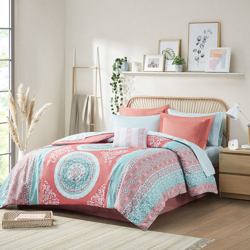 Collection de draps pour lit simple TG - imprimé médaillon corail, microfibre, couleur de literie incluse, doux, détails de broderie, drap-housse