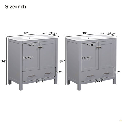 Ensemble de meuble-lavabo gris 60 po avec double meuble-lavabo (séparé), double lavabo en céramique, tablette de rangement et tiroirs séparés (miroir non inclus) - Solution de salle de bain moderne pour salles de bain spacieuses