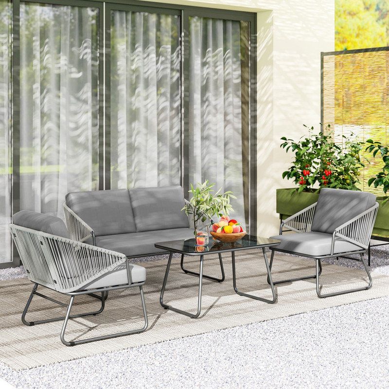 Outsunny 4 Piece Rattan Strong Panel Outdoor Sofa Set Natural Weather Resistant Patio Seating with Cushions for Backyard Porch
