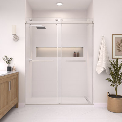 Catalyst 62"- 67" W x 76" H Double Sliding Frameless Shower Door in Brushed Nickel with 3/8" Clear Glass
