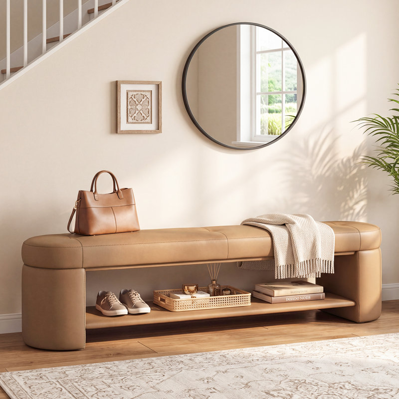 Banc d'entrée rembourré en similicuir de 160 cm avec tablette de rangement ouverte