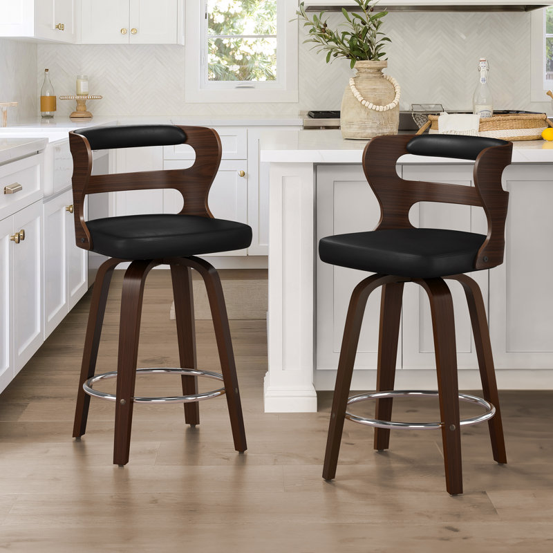 Deshunda Swivel Upholstered Counter Stool with Solid + Manufactured Wood Frame (Set of 2), Black/Black