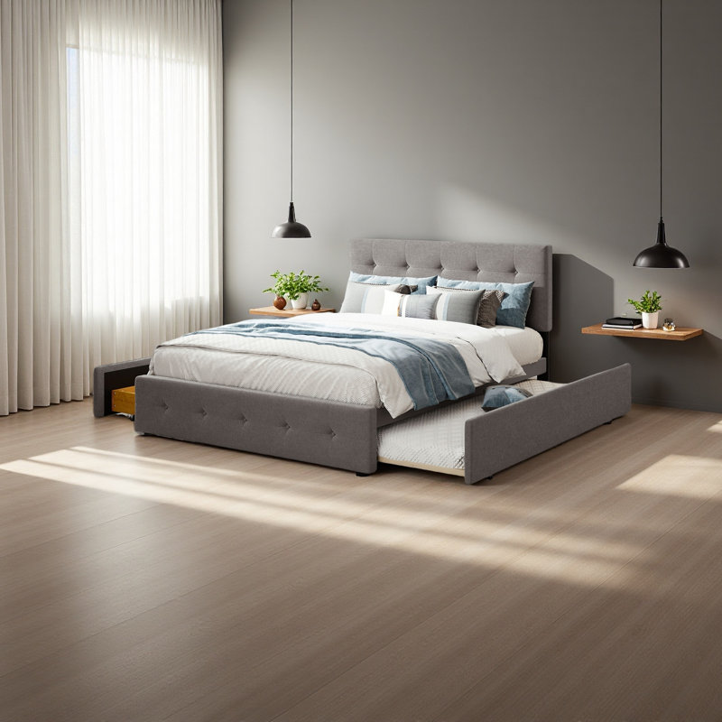 Lit plateforme tapissier avec 2 tiroirs et 1 lit gigogne simple TG, tissu de lin, grand, Gris