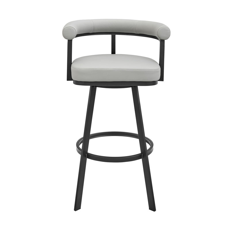 Hollie-May Mid-century Swivel Counter or Bar Height Bar Stool with Open Back in Faux Leather, Metal, Light Gray, Black Metal